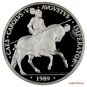 HERMOSOS 5 ECUS DE PLATA PROOF DE 1989 CON CARLOS I, V DE ALEMANIA, 1 ONZA PLATA PURA