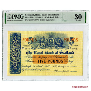 BILLETE DE 5 POUNDS DEL ROYAL BANK OF SCOTLAND, ESCOCIA, 1° DE MARZO DE 1957. PMG VF30