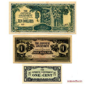 LOTE DE 3 BILLETES DE LA OCUPACIÓN JAPONESA EN MALAYA EN LA II GUERRA MUNDIAL