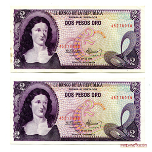 PAREJA CONSECUTIVA DE 2 PESOS COLOMBIANOS DE 1977