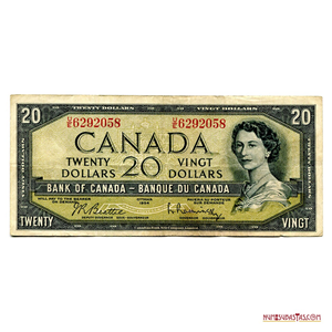 20$ DE CANADÁ EMITIDO ENTRE 1961 Y 1970 CON LA FECHA CONGELADA 1954