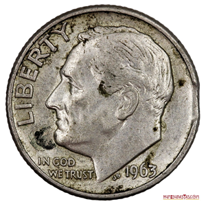 DIME DE PLATA DEL AÑO 1963 D CON ERROR DE CLIP 