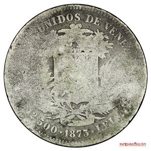 ESCASO 1/2 VENEZOLANO O 5 REALES DEL AÑO 1873