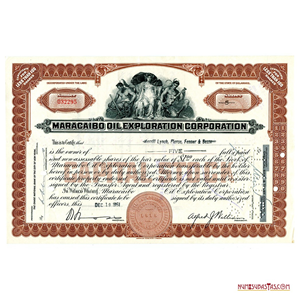 CERTIFICADO DE 5 ACCIONES DE MARACAIBO OIL EXPLORATION CO, 1951