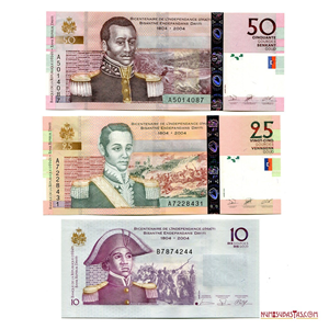 50, 25 Y 10 GOURDES CONMEMORATIVOS DE LA INDEPENDENCIA DE HAITÍ