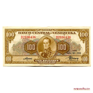 BILLETE DE 100BS DE JULIO-23-1953 SERIE D7 EN BUEN GRADO DE CONSERVACIÓN