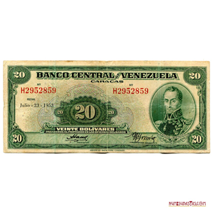 BILLETE DE 20BS DE JULIO-23-1953, SERIE H7