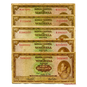 LOTE DE BILLETES DE 100BS: 1963 N7, 1964 P7, 1966 R7, 1867 S7 Y 1967 T7