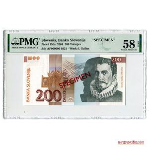 SPECIMEN DE 200 TOLARJEV, ESLOVENIA, 2004. PMG AU 58 EPQ