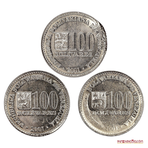 SET DE TRES MONEDAS DE 100BS DEL 2001 CON ERRORES DE ACUÑACIÓN