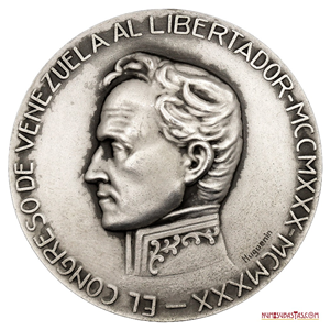 MEDALLA DE PLATA DEL CONGRESO EN EL CENTENARIO DE LA MUERTE DEL LIBERTADOR, 1930. ESCASA Y MAS EN ESTA CONDICIÓN.