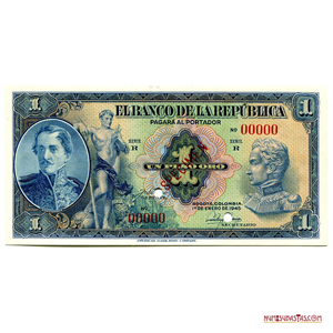 SPECIMEN DE 1 PESO DE COLOMBIA, DEL 1° DE ENERO DE 1945.
