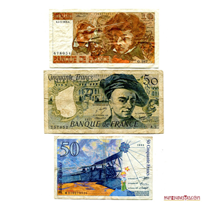 LOTE DE 3 BILLETES FRANCESES ESCASOS 10FR 1972, 50FR 1977 Y 50FR 1993