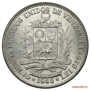 MONEDA DE 2BS DE PLATA DE 1945 EN ALTO GRADO DE CONSERVACIÓN