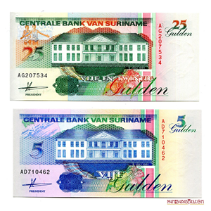 BILLETES DE 25 Y 5 GULDEN DE SURINAM EN ALTO GRADO