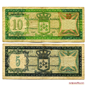 LOTE DE DOS ESCASOS BILLETES DE ANTILLAS HOLANDESAS DE 10 Y 5 GUILDERS