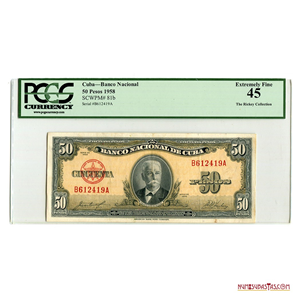 BILLETE DE 50 PESOS CUBANOS 1958 ENCAPSULADO PCGS XF45