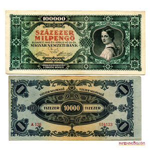 BILLETES INFLACIONARIOS HÚNGAROS 100.000 MILPENGO Y 10.000 MILPENGO