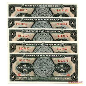 LOTE DE 5 BILLETES DE 1 PESO MEXICANO 1959, 1961, 1965, 1967 Y 1969 EN ALTO GRADO DE CONSERVACIÓN