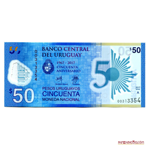 50 PESOS DE POLÍMERO CONMEMORATIVOS DEL CINCUENTENARIO DEL BANCO CENTRAL DEL URUGUAY