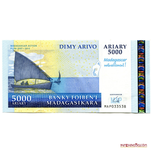 ESCASO BILLETE DE 5.000 ARIARY DE MADAGASCAR, CONMEMORATIVO DEL PLAN DE ACCIÓN 2007-2012