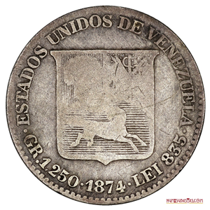 1/20 VENEZOLANO O 5 CENTAVOS DE PLATA DE 1874,  A ROMANA