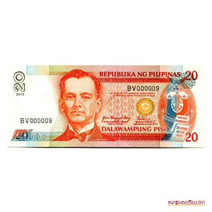 BILLETE SERIAL BAJO: 000009 DE 20 PISO DE FILIPINAS DEL AÑO 2010