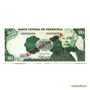 ESPECIMEN SIN VALOR DEL BILLETE DE 20BS DEL OCTUBRE-6-1981