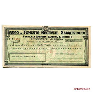CHEQUE DE GERENCIA POR 5BS DEL BANCO DE FOMENTO REGIONAL BARQUISIMETO, AÑO 1957
