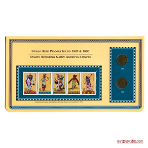 CENTAVOS DEL INDIO DE 1892 Y 1893 EN PRESENTACIÓN CON 5 ESTAMPILLAS SOBRE LAS DANZAS NATIVAS AMERICANAS