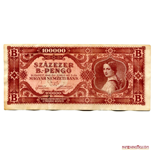DIFÍCIL BILLETE DE 100.000 B PENGO O 100.000.000.000.000 PENGOS HÚNGAROS DEL AÑO 1946