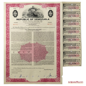 BONO DE DEUDA DE VENEZUELA DE $1.000 DEL AÑO 1977, ESCASO