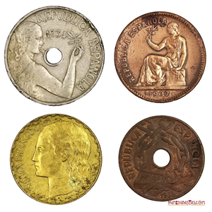 LOTE DE 4 MONEDAS DE LA EFÍMERA II REPÚBLICA ESPAÑOLA 1934-1938