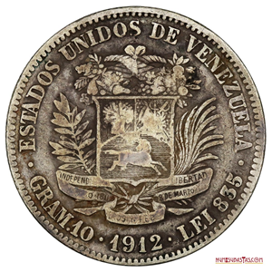 2 BOLÍVARES DE PLATA ACUÑADOS EN EL AÑO 1912