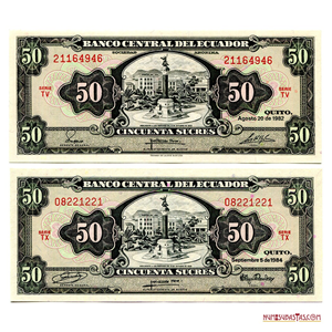 BILLETES DE 50 SUCRES DE 1982 Y 1984 EN ALTO GRADO DE CONSERVACIÓN