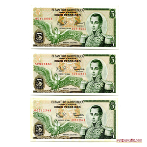 BILLETES DE 5 PESOS COLOMBIANOS DE 1978, 1980 Y 1981