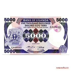 ATRACTIVO BILLETE DE 5.000 SHILLINGS DE UGANDA AÑO 1986 EN ALTO GRADO DE CONSERVACIÓN