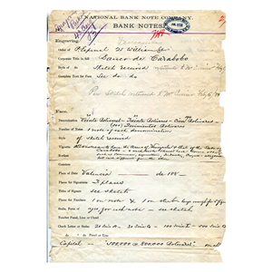 CARTA Y FORMULARIO CON LA ORDEN Y DE LOS BILLETES DEL BANCO CARABOBO, 1883