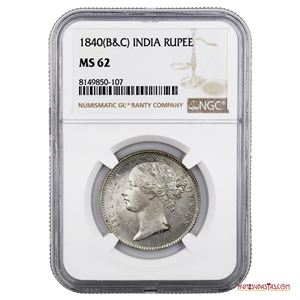 HERMOSA RUPIA DE PLATA DE LA INDIA BRITÁNICA DE 1840. NGC MS62. VARIANTE CON 28 CEREZAS EN EL REVERSO