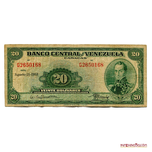 BILLETE DE 20BS, DE AGOSTO-21-1952, SERIE G7