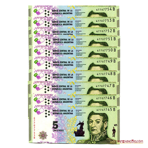 10 BILLETES DE 5 PESOS ARGENTINOS CONSECUTIVOS CON LOS LIBERTADORES: ARTIGAS, BOLÍVAR, SAN MARTÍN Y O´HIGGINS