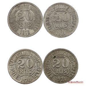 SERIE DE MONEDAS DE 20 REIS DE BRASIL 1918, 1919, 1920 Y 1921