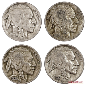 LOTE DE 5CENTS O NIQUELES DEL BÚFALO DE 1934, 1935, 1936 Y 1937