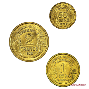HERMOSAS MONEDAS DE 2FRANCS, 1FRANC Y 50 CENTIMES FRANCESES DE 1938, ALTO GRADO