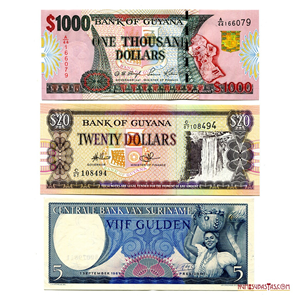 LOTE DE 3 BILLETES EN ALTO GRADO DE GUYANA Y SURINAM