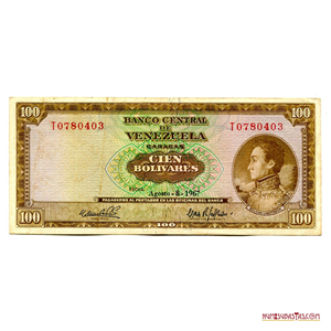 BILLETE DE 100BS DE AGOSTO-8-1967 SERIE T7