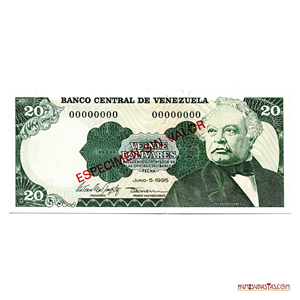 ESPECIMEN SIN VALOR DEL BILLETE DE 20BS DE JUNIO – 5 – 1995 