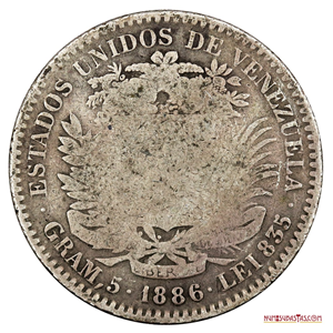 BOLÍVAR DE PLATA DEL AÑO 1886, VARIANTE FECHA ANCHA