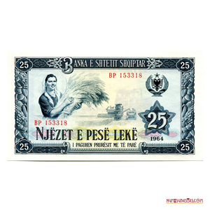 BILLETE DE ALBANIA DE 25 LEKES DE 1964 EN ALTO GRADO DE CONSERVACIÓN