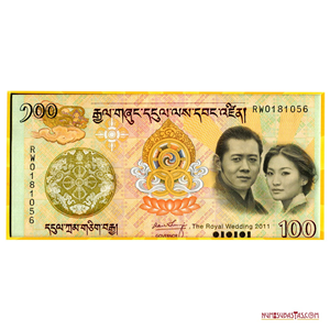 HERMOSOS 100NGULTRUM CONMEMORATIVOS DE LA BODA REAL DE BHUTAN 2011, EN FOLDER ORIGINAL